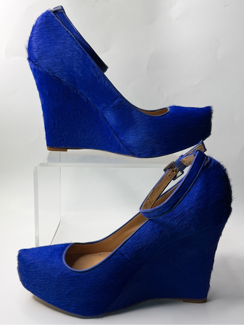 Ann Taylor Vibrant Royal Blue Faux Fur Wedge Pumps with Ankle Strap - Picture 2 of 6